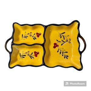 Baum Brothers divided serving dish with handles / golden yellow,blue,green & red